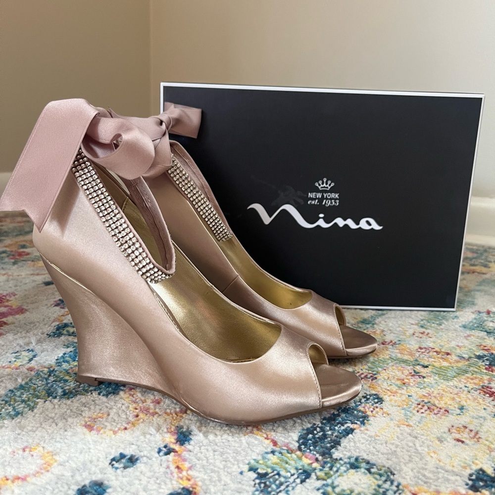 Nina Champagne Wedge Shoes with Bow and Rhinestone Details